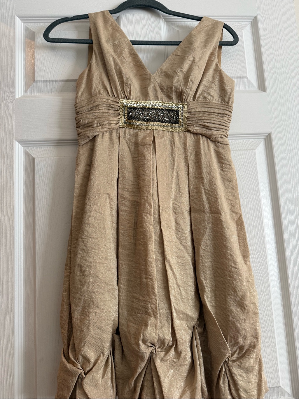 Bcbgmaxazria Gold V-Neck Ruched Waist Cocktail Dress